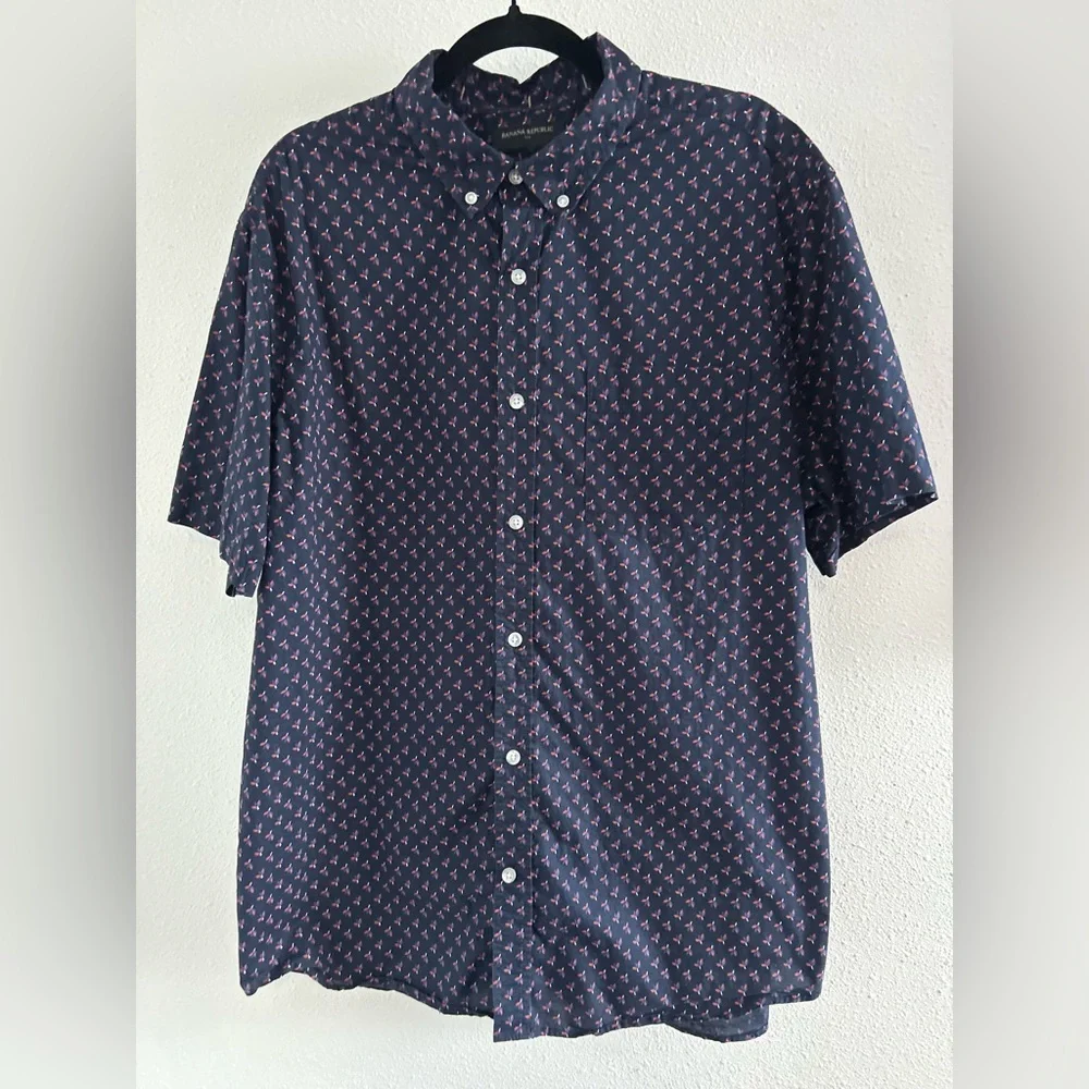 Banana Republic Navy Short-Sleeve Button-Down with Pink Geometric Print